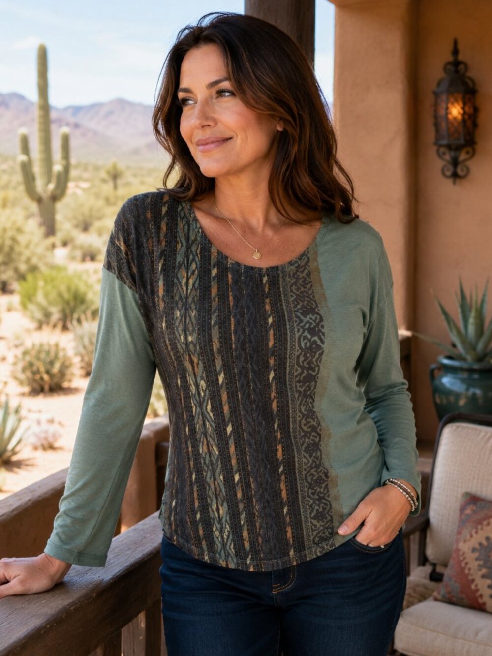 Peruvian Connection Sage Green Earth Boho Print Pima Cotton Modal Top (Size S)